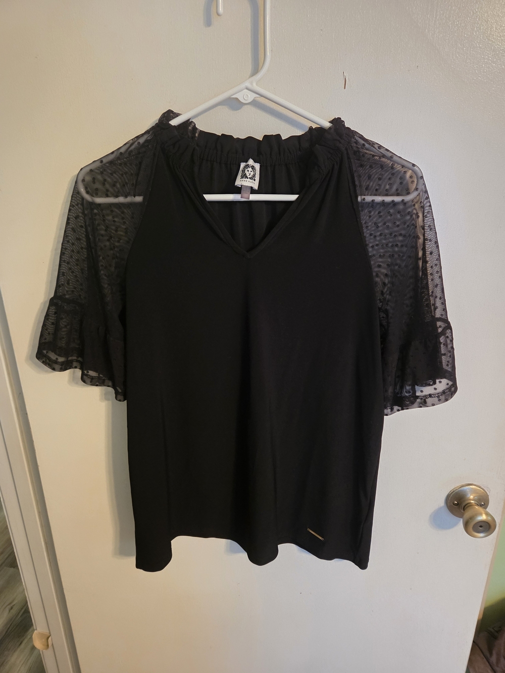 Anne Klein Black V-Neck Top with Sheer Dot Flutter Sleeves